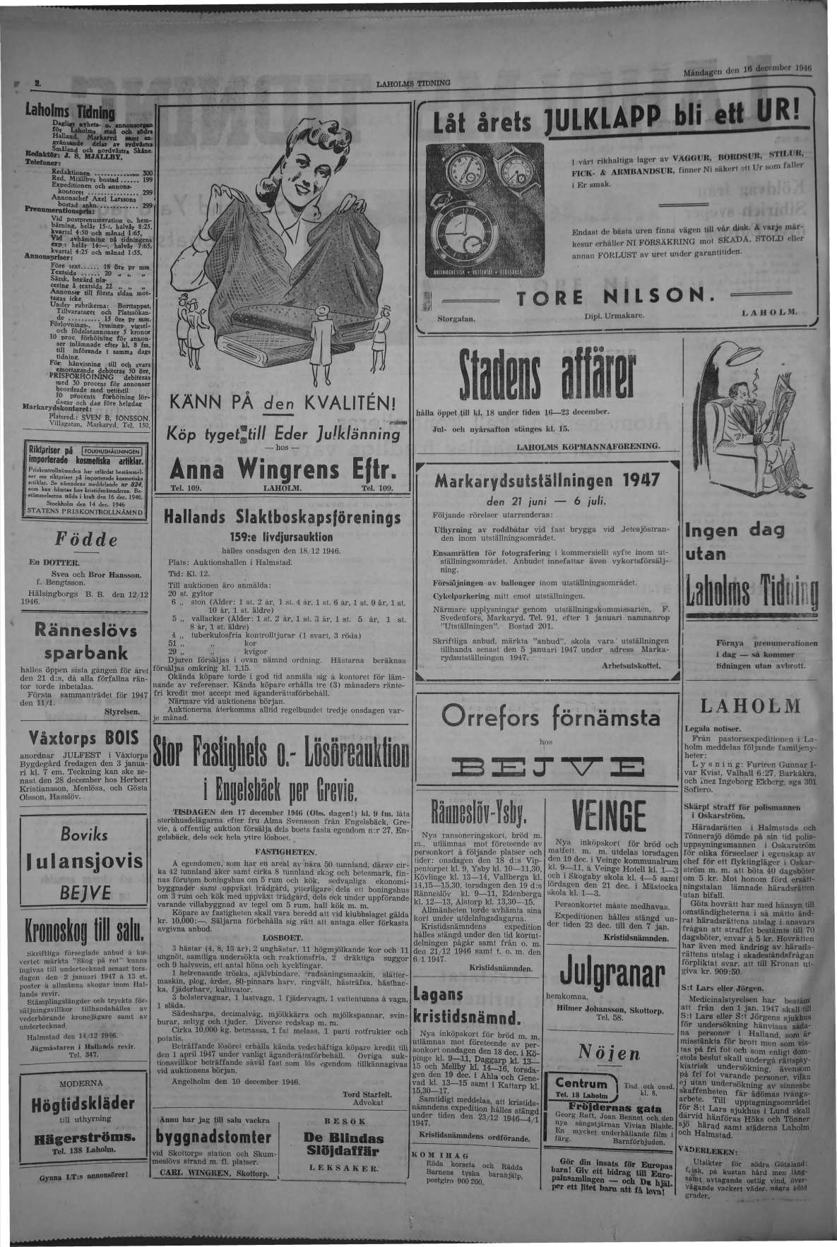 Laholms Tidning Måndag 16 december 1946, sida 2