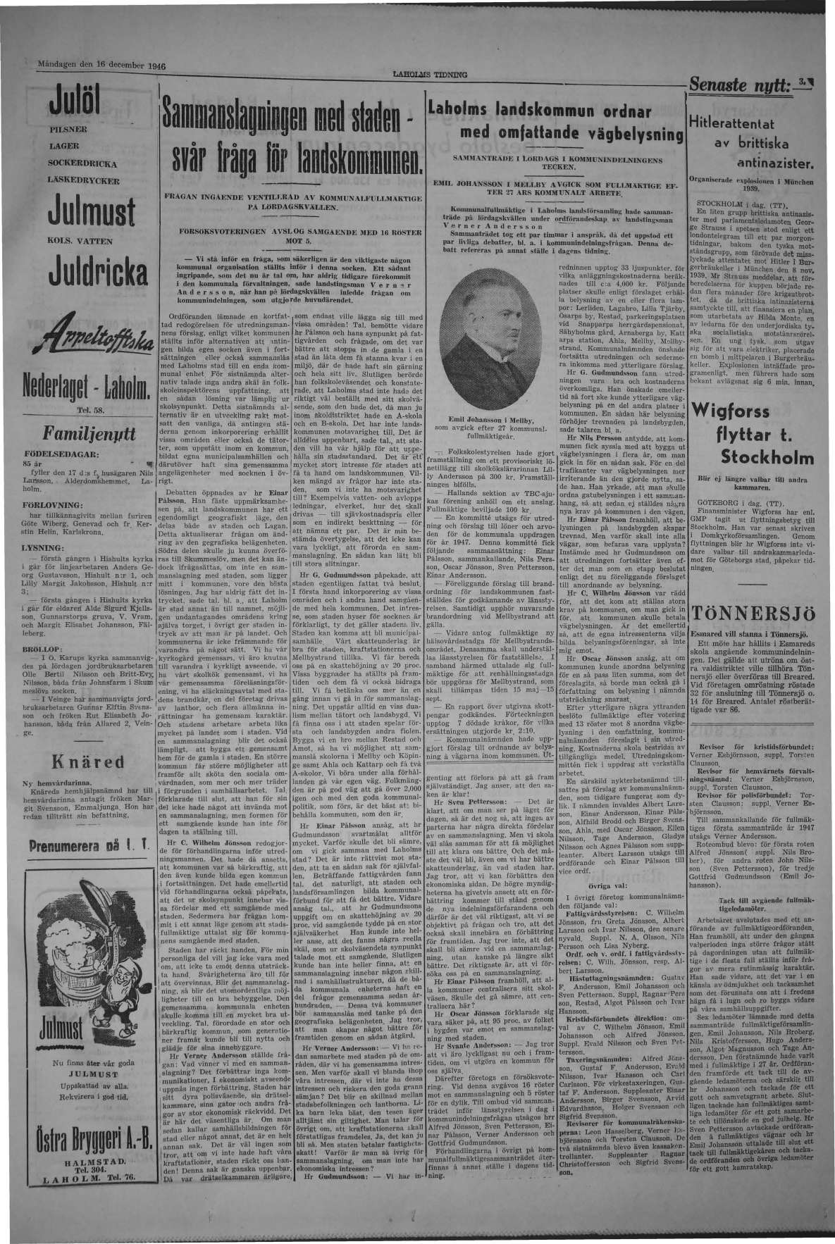 Laholms Tidning Måndag 16 december 1946, sida 3