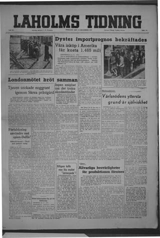 Förstasidan, Tisdag 16 december 1947