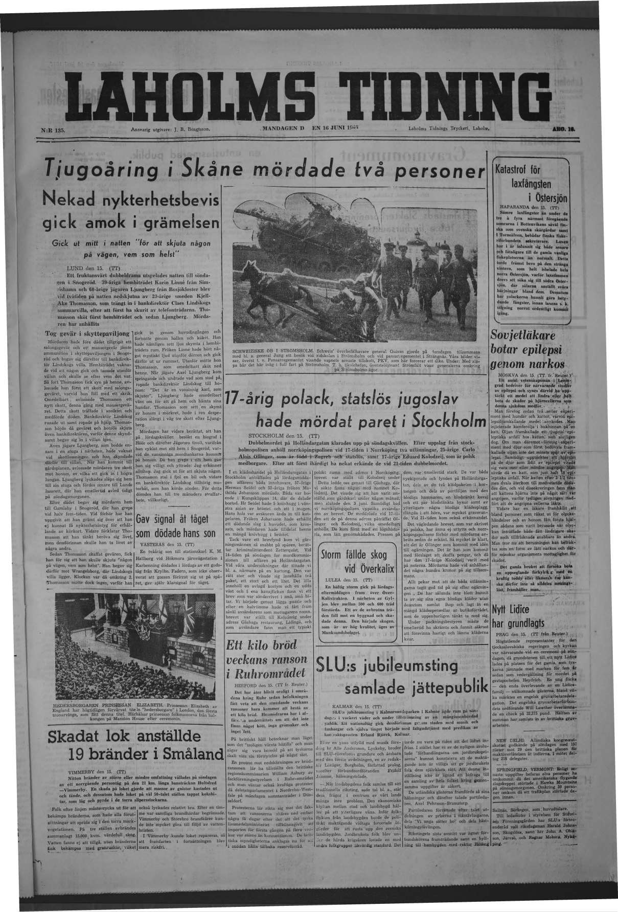 Laholms Tidning Måndag 16 juni 1947, sida 1
