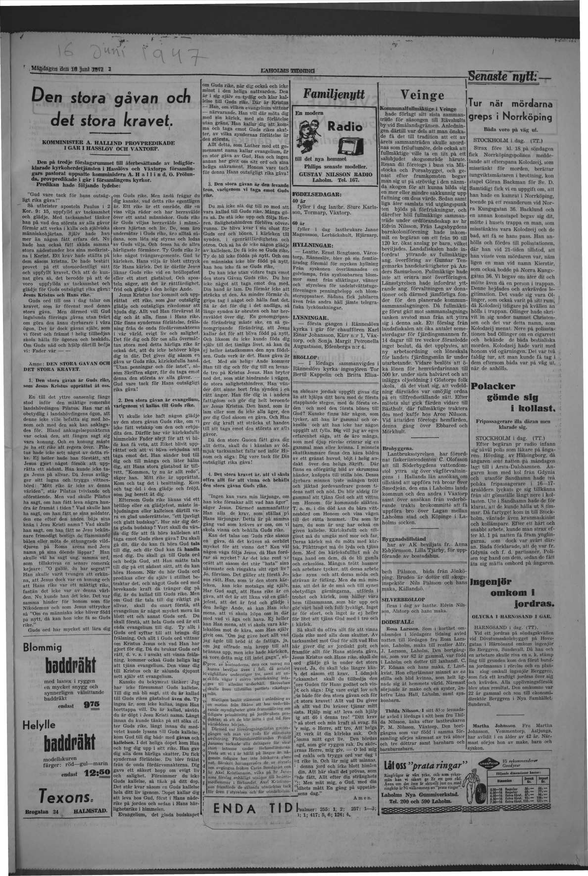 Laholms Tidning Måndag 16 juni 1947, sida 3