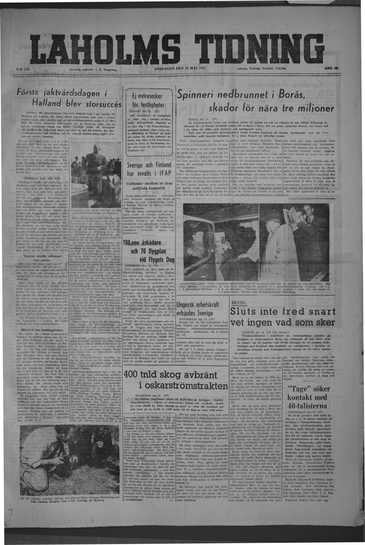 Laholms Tidning Fredag 16 maj 1947, sida 1