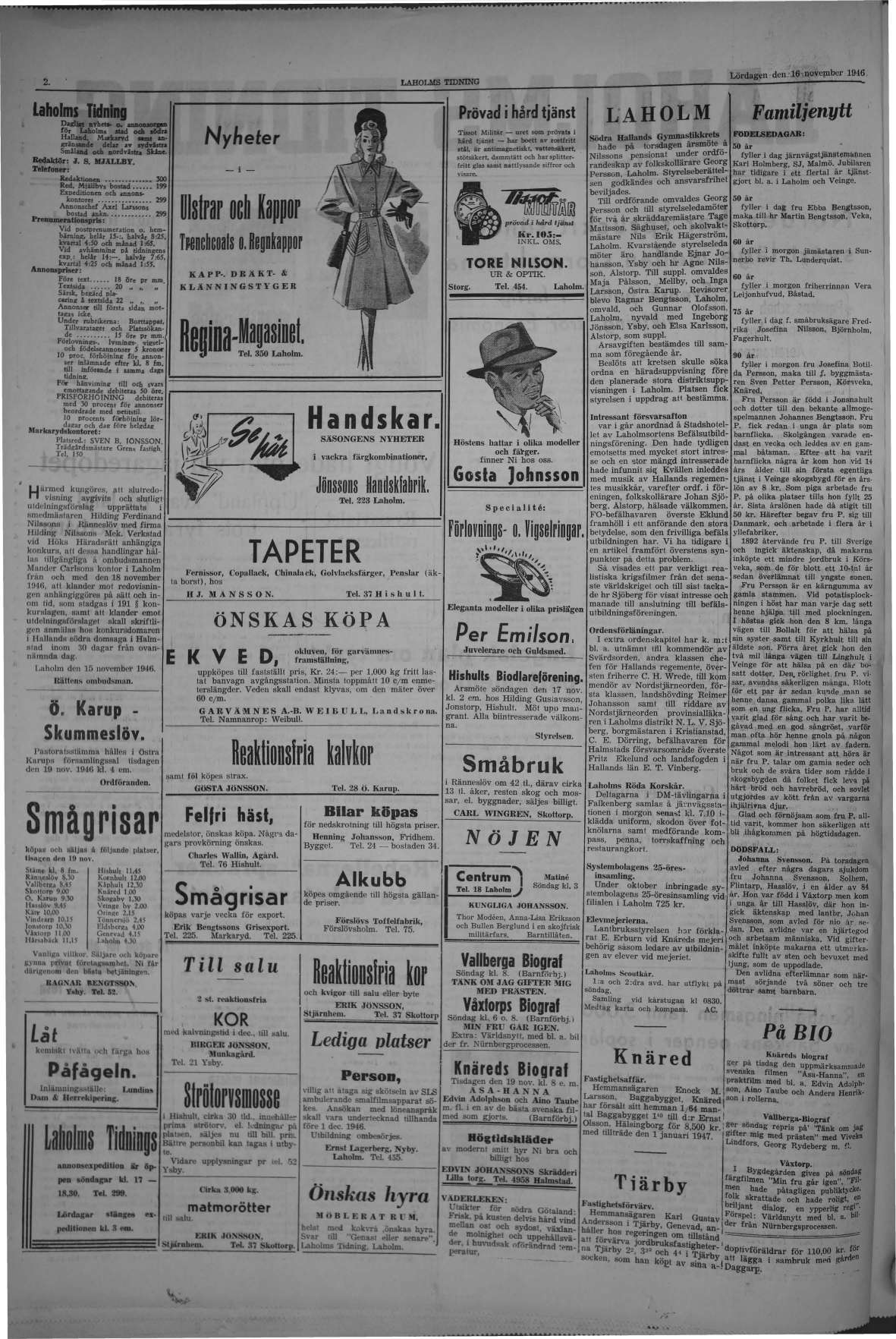 Laholms Tidning Lördag 16 november 1946, sida 2
