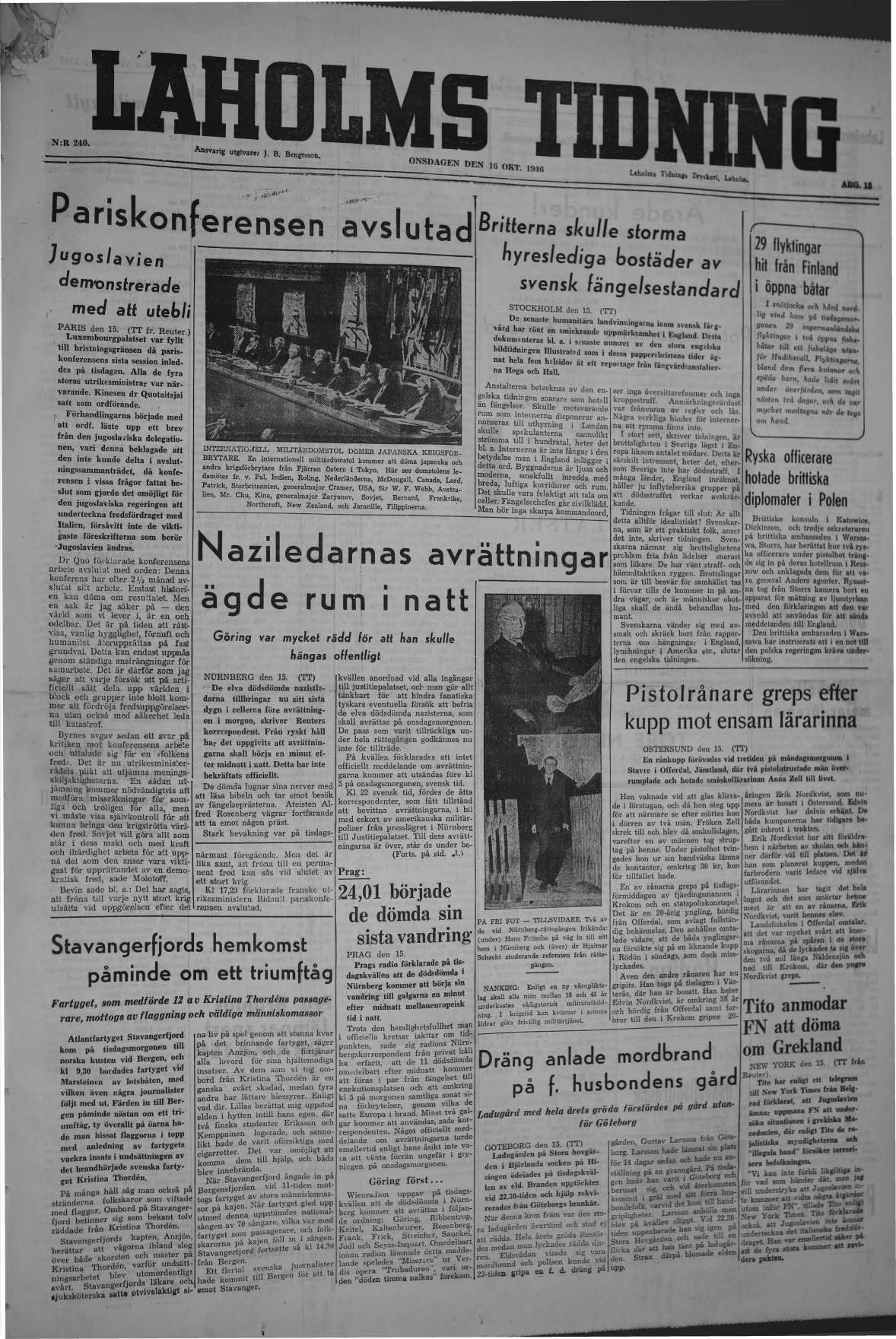Laholms Tidning Onsdag 16 oktober 1946, sida 1