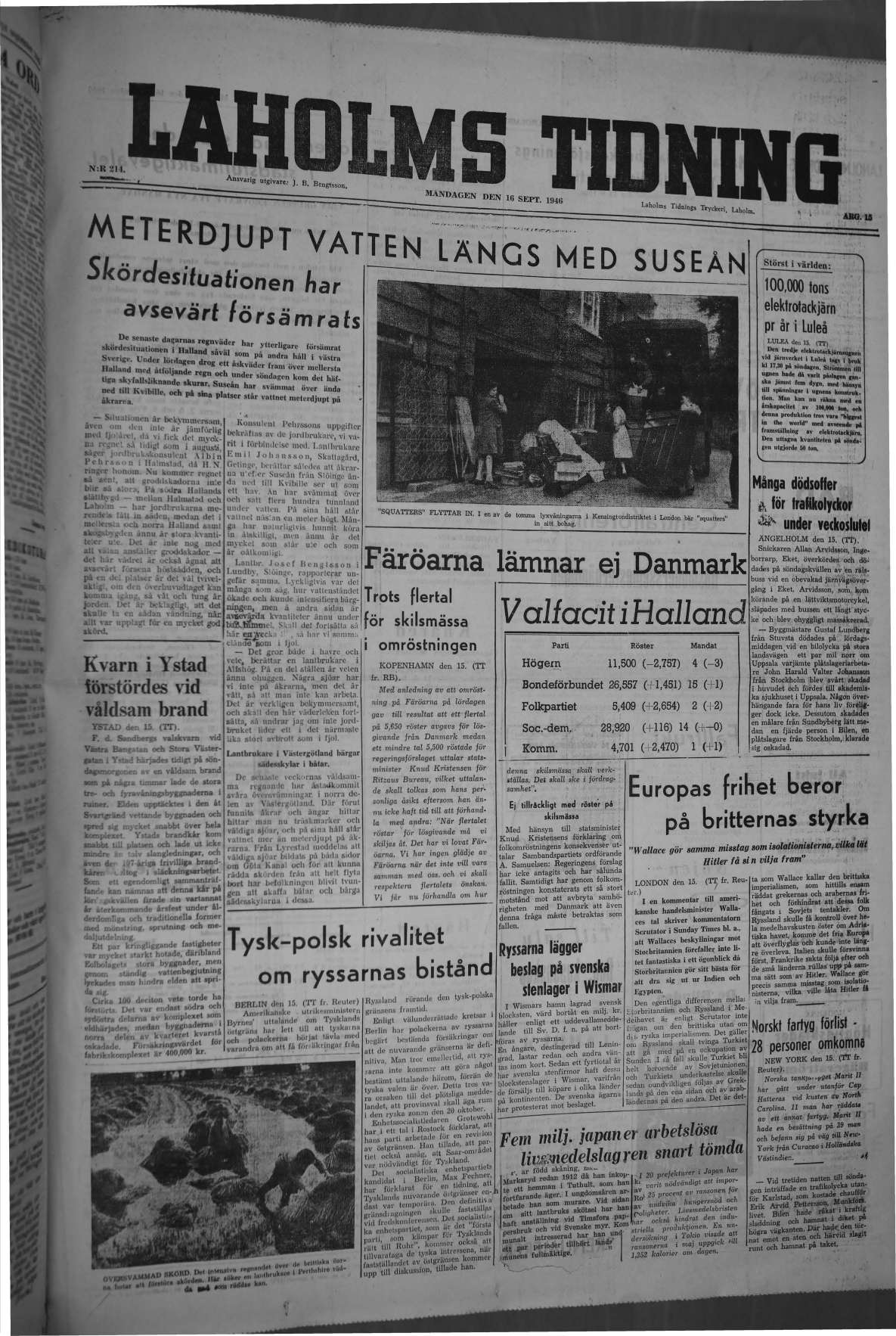 Laholms Tidning Måndag 16 september 1946, sida 1