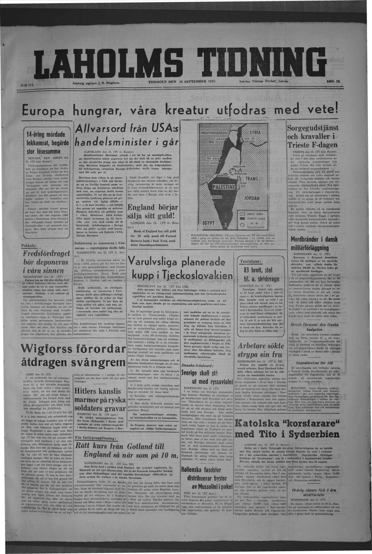 Laholms Tidning Tisdag 16 september 1947, sida 1
