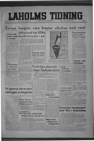 Förstasidan, Tisdag 16 september 1947