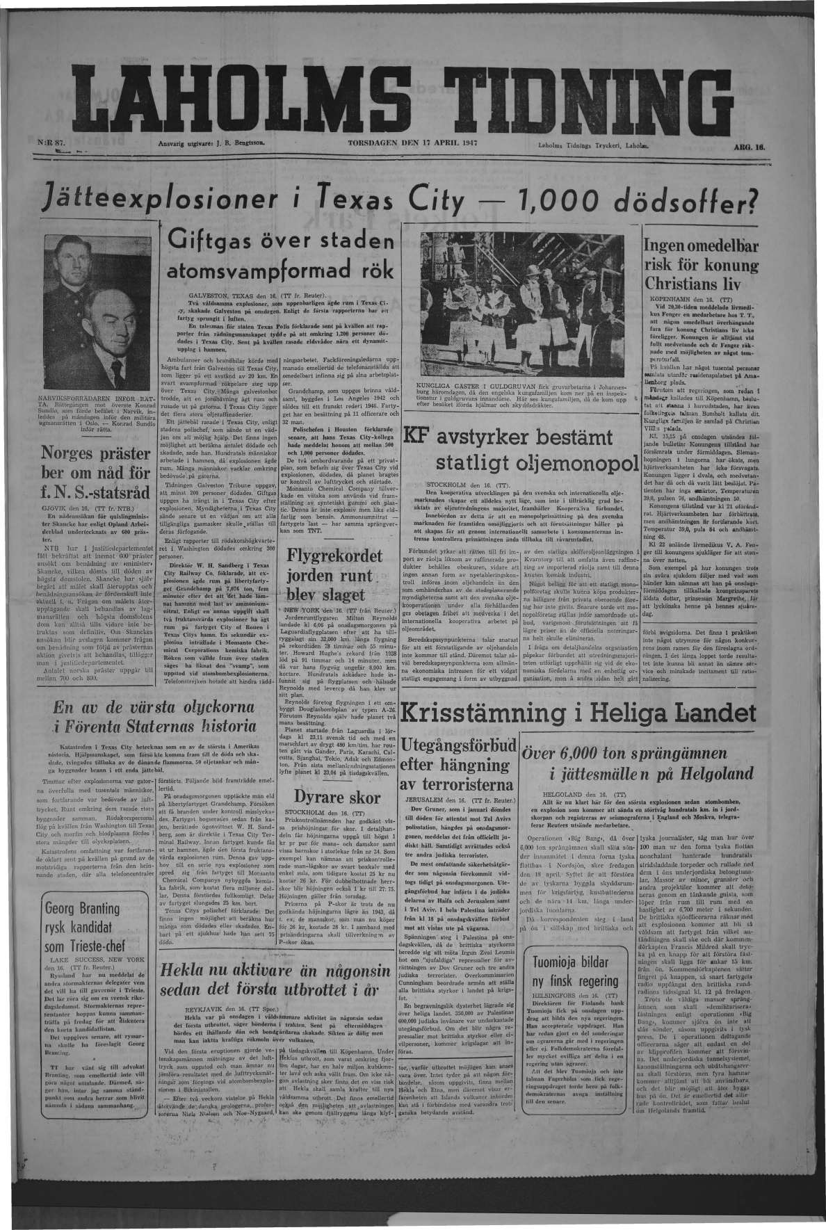 Laholms Tidning Torsdag 17 april 1947, sida 1
