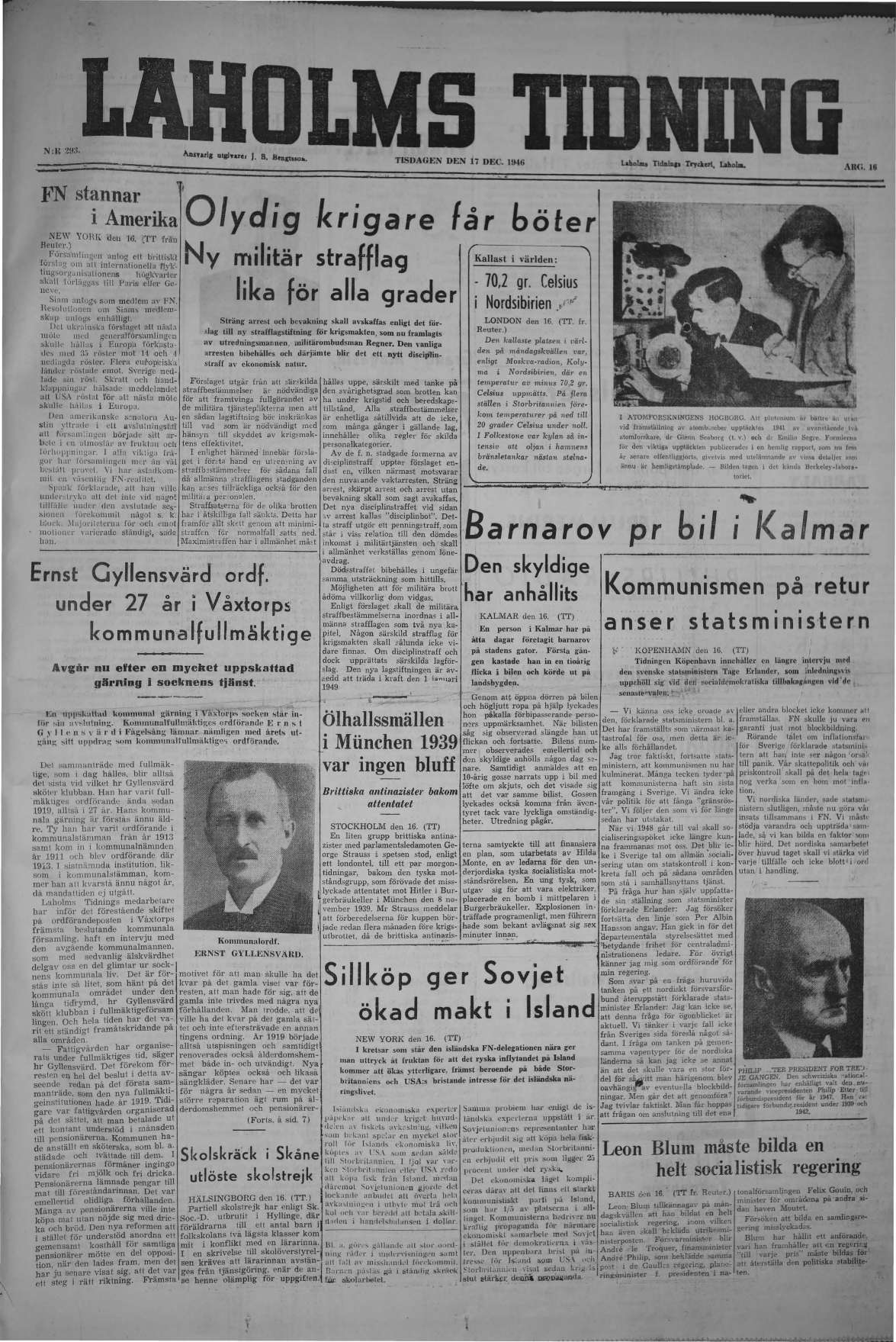 Laholms Tidning Tisdag 17 december 1946, sida 1