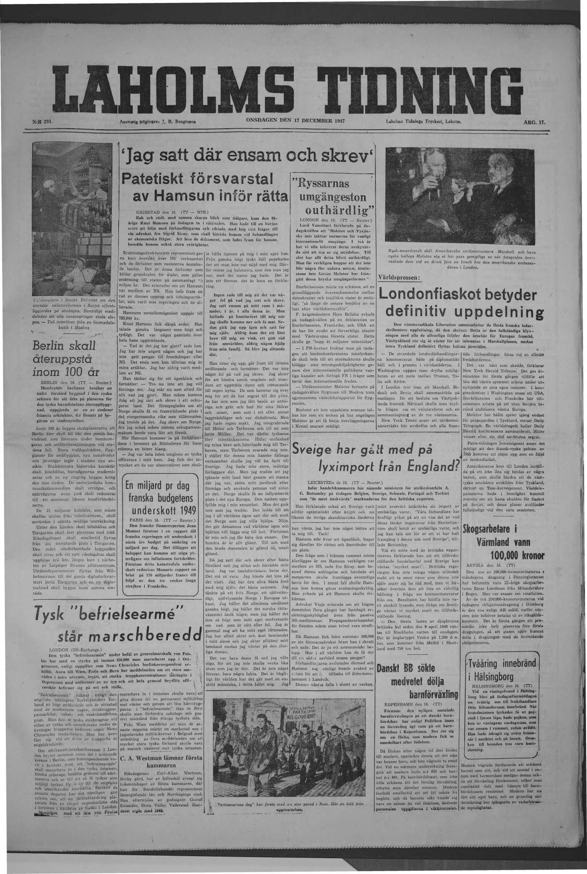 Laholms Tidning Onsdag 17 december 1947, sida 1