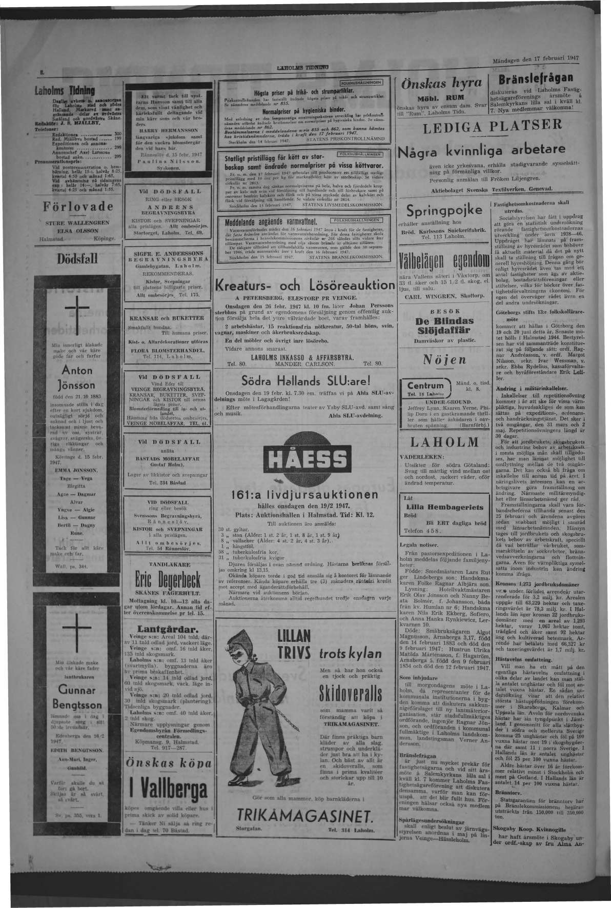 Laholms Tidning Måndag 17 februari 1947, sida 2