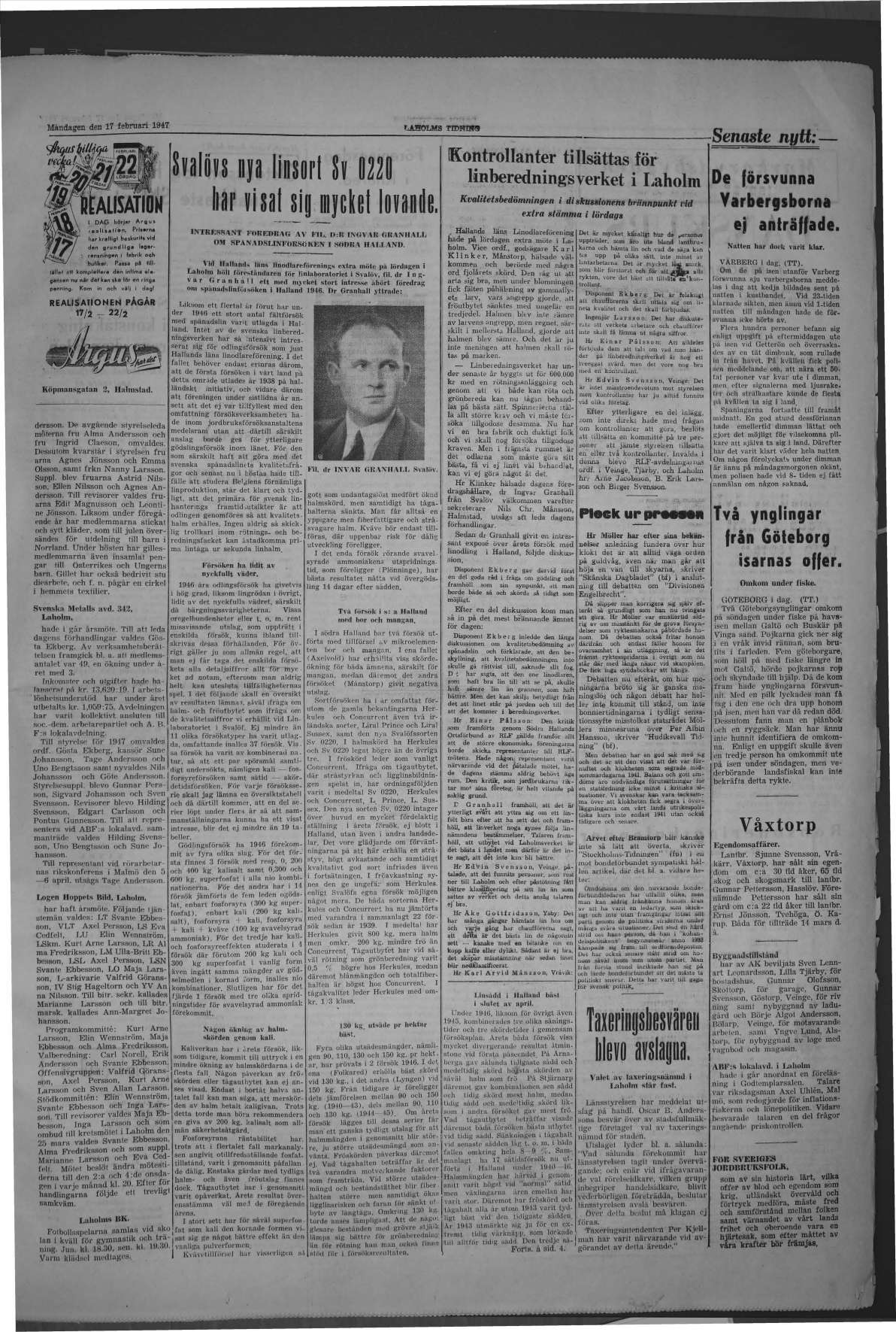 Laholms Tidning Måndag 17 februari 1947, sida 3