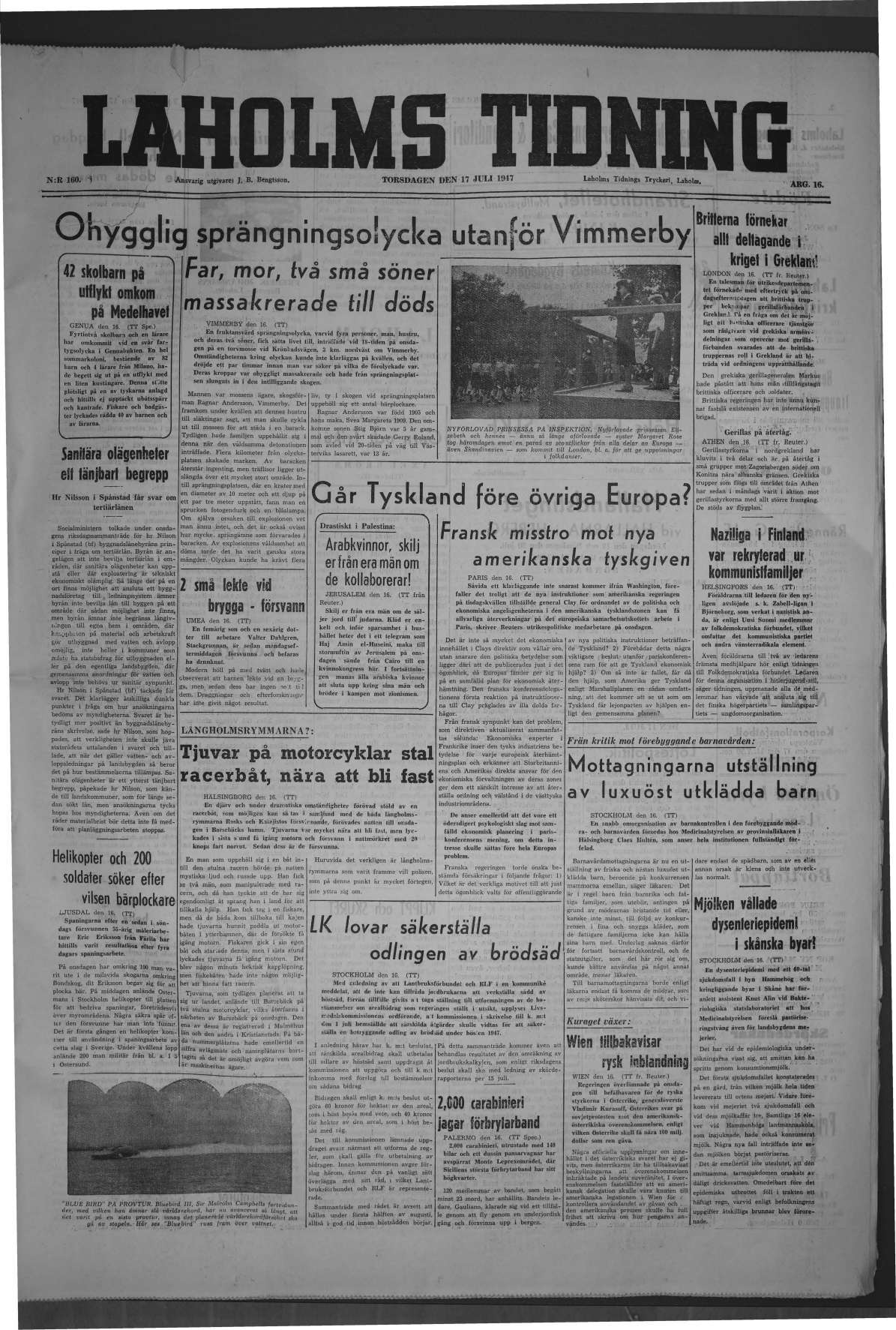 Laholms Tidning Torsdag 17 juli 1947, sida 1