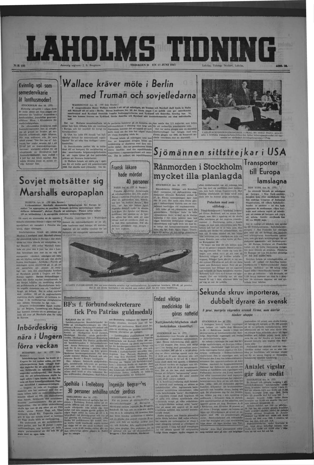 Laholms Tidning Tisdag 17 juni 1947, sida 1