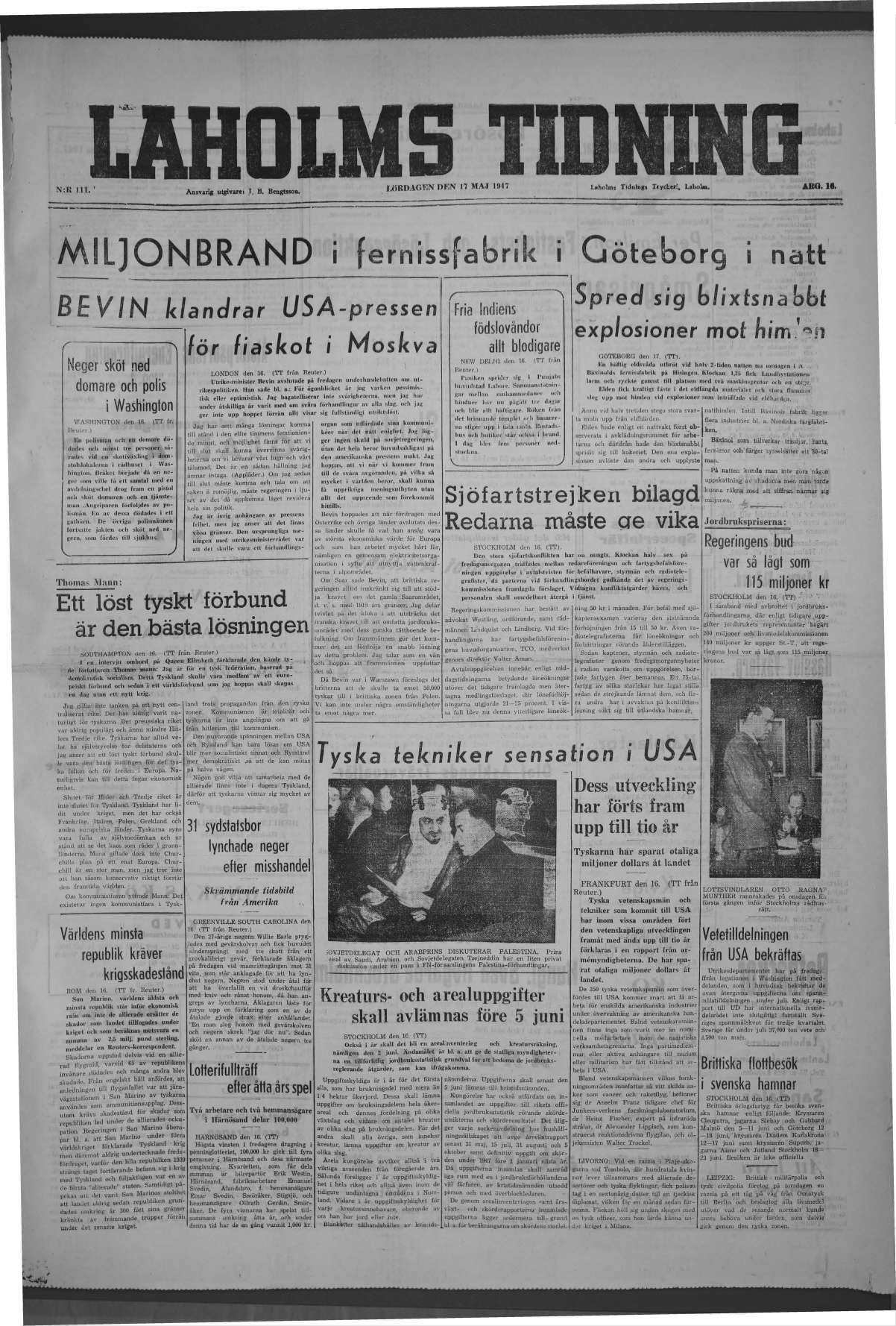 Laholms Tidning Lördag 17 maj 1947, sida 1