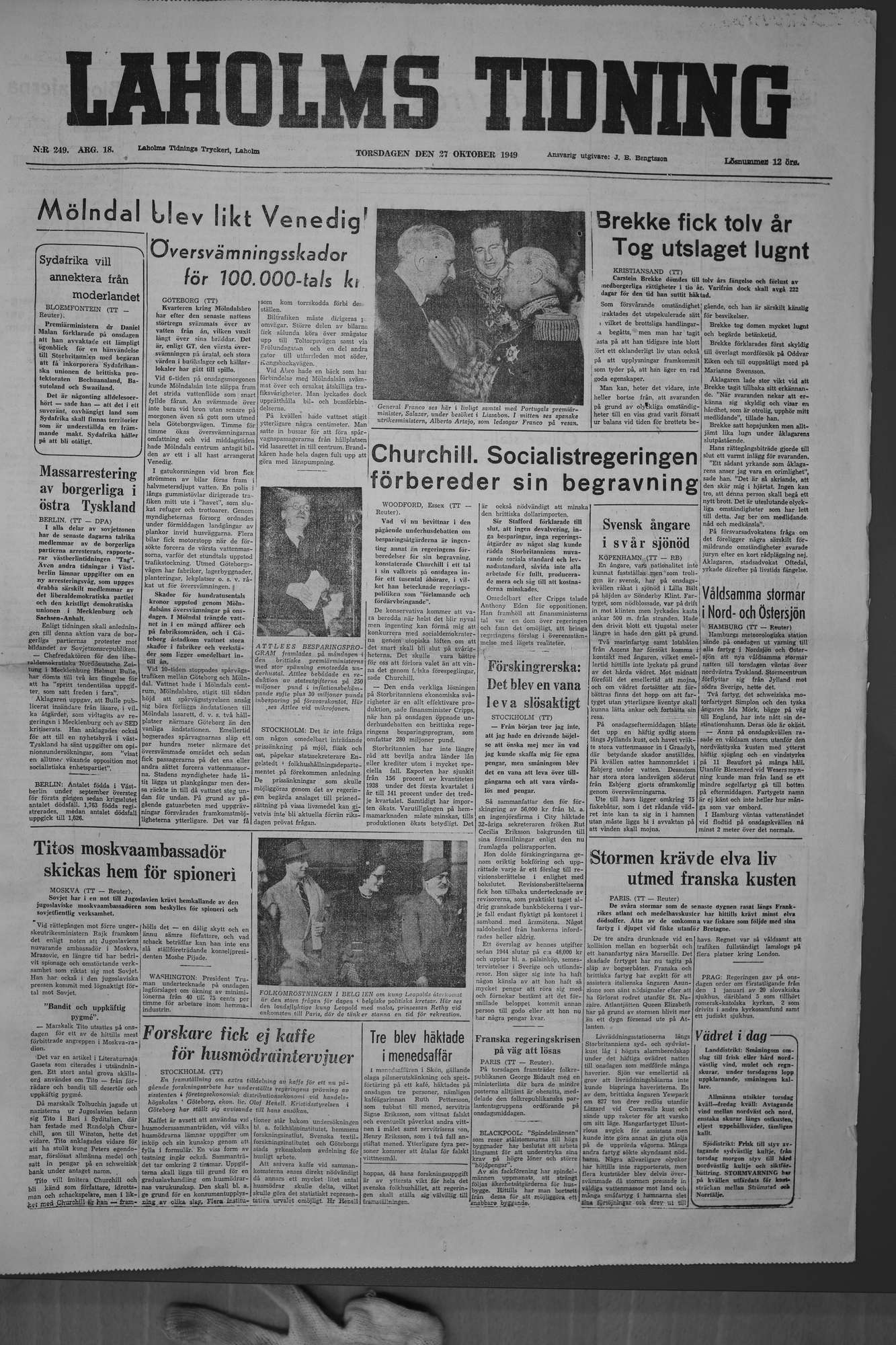 Laholms Tidning Torsdag 27 oktober 1949, sida 1