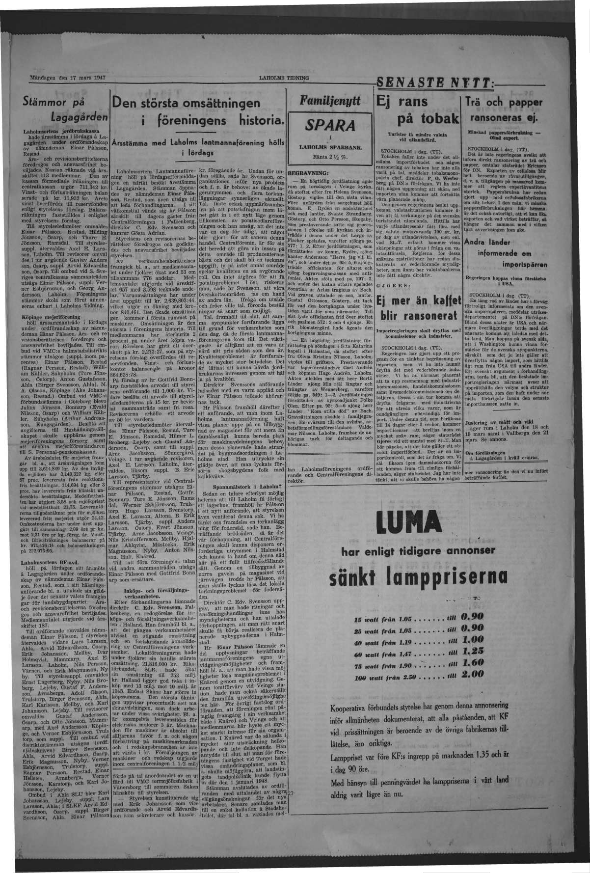 Laholms Tidning Måndag 17 mars 1947, sida 3
