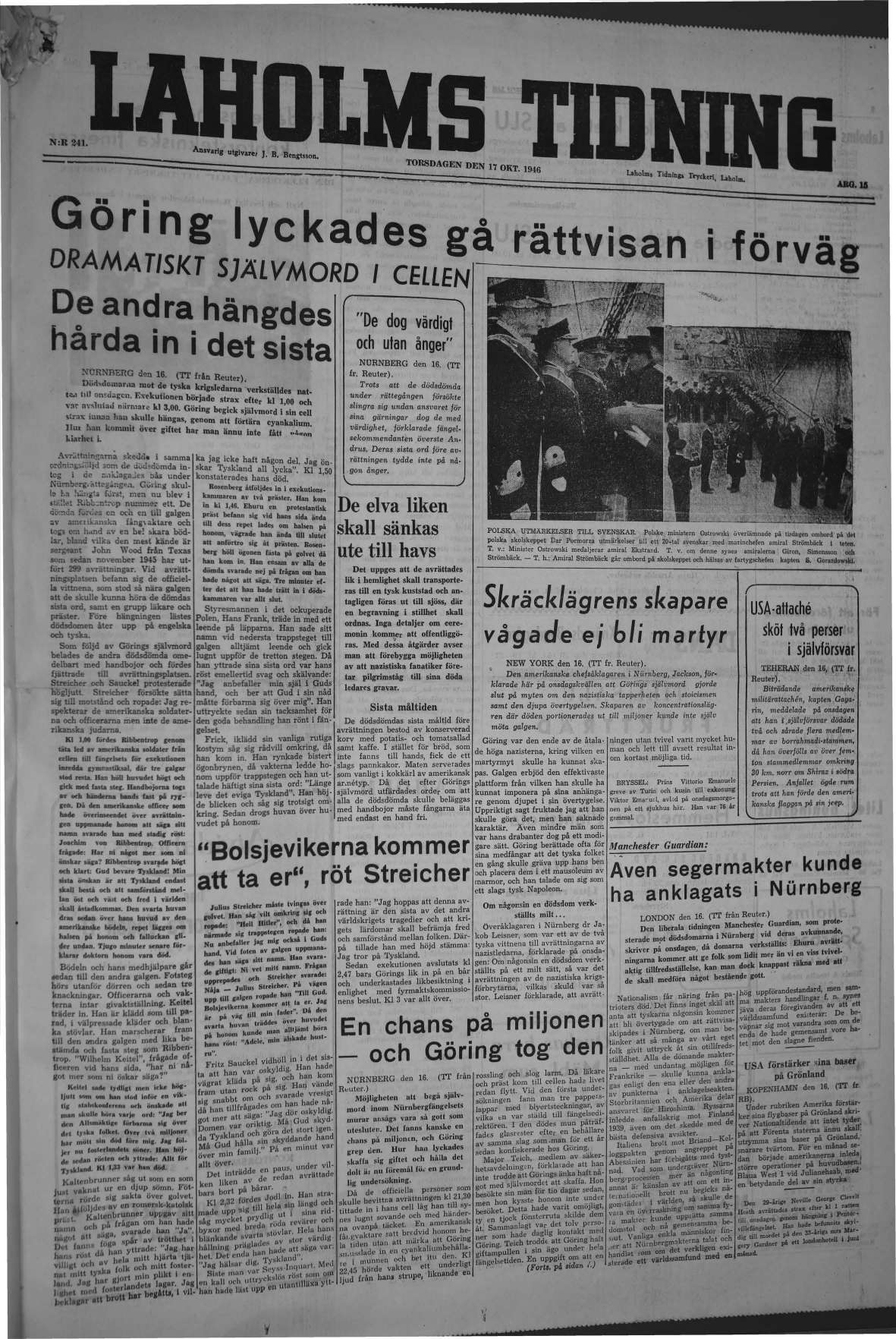 Laholms Tidning Torsdag 17 oktober 1946, sida 1