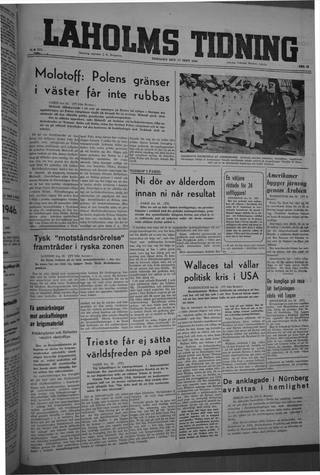 Förstasidan, Tisdag 17 september 1946
