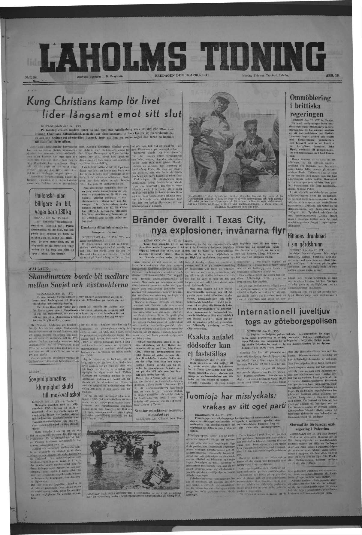 Laholms Tidning Fredag 18 april 1947, sida 1
