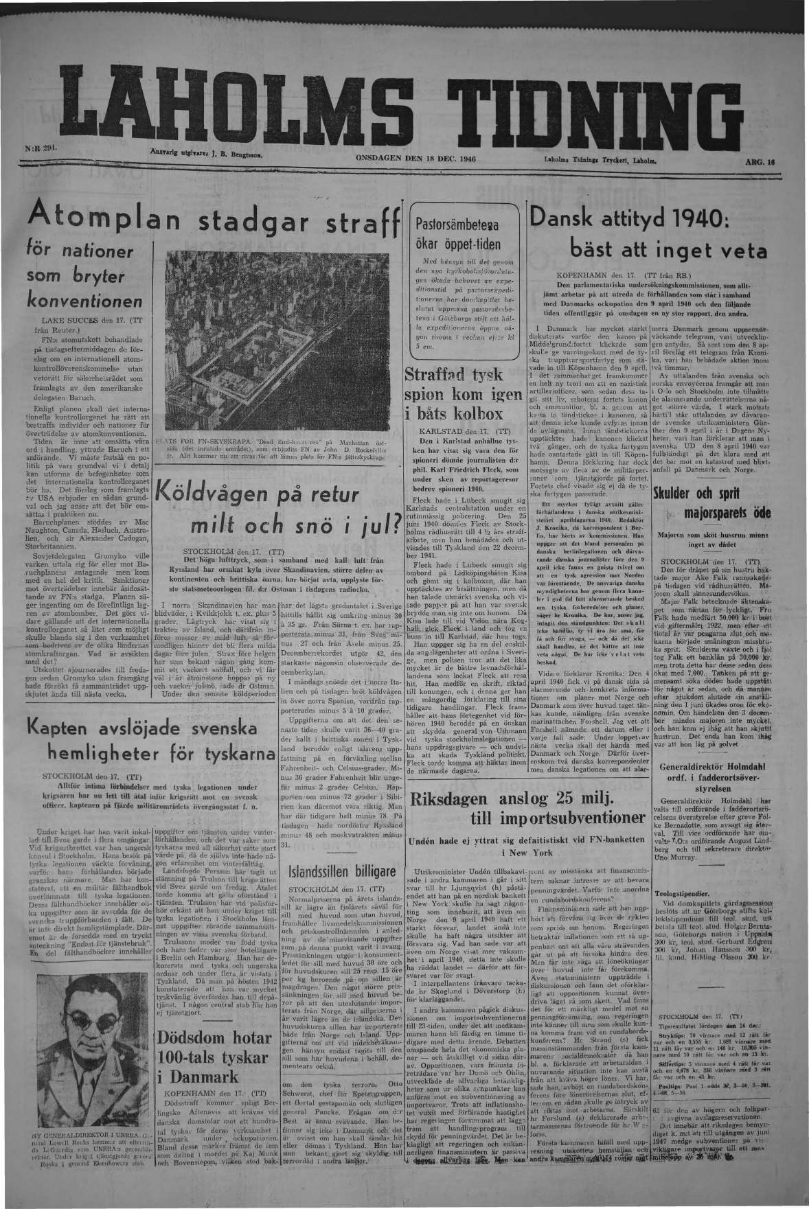 Laholms Tidning Onsdag 18 december 1946, sida 1
