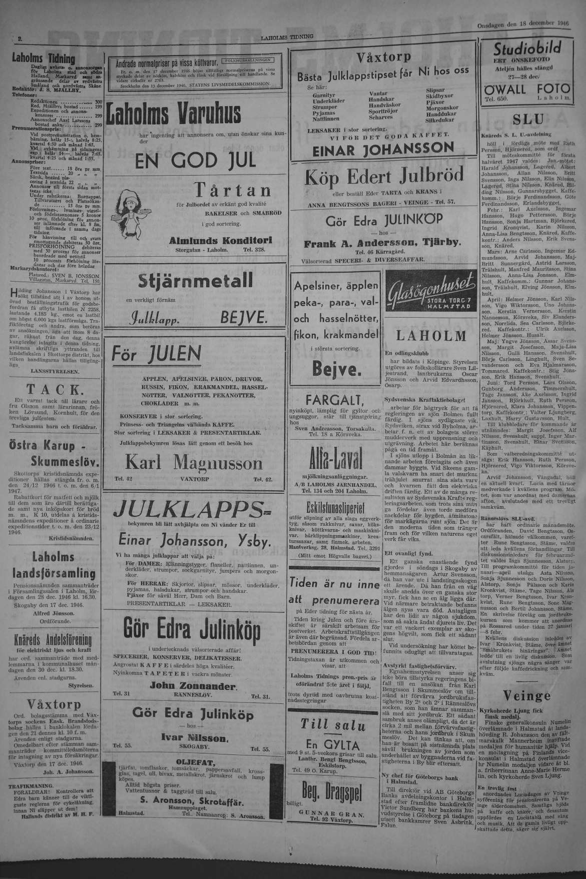 Laholms Tidning Onsdag 18 december 1946, sida 2