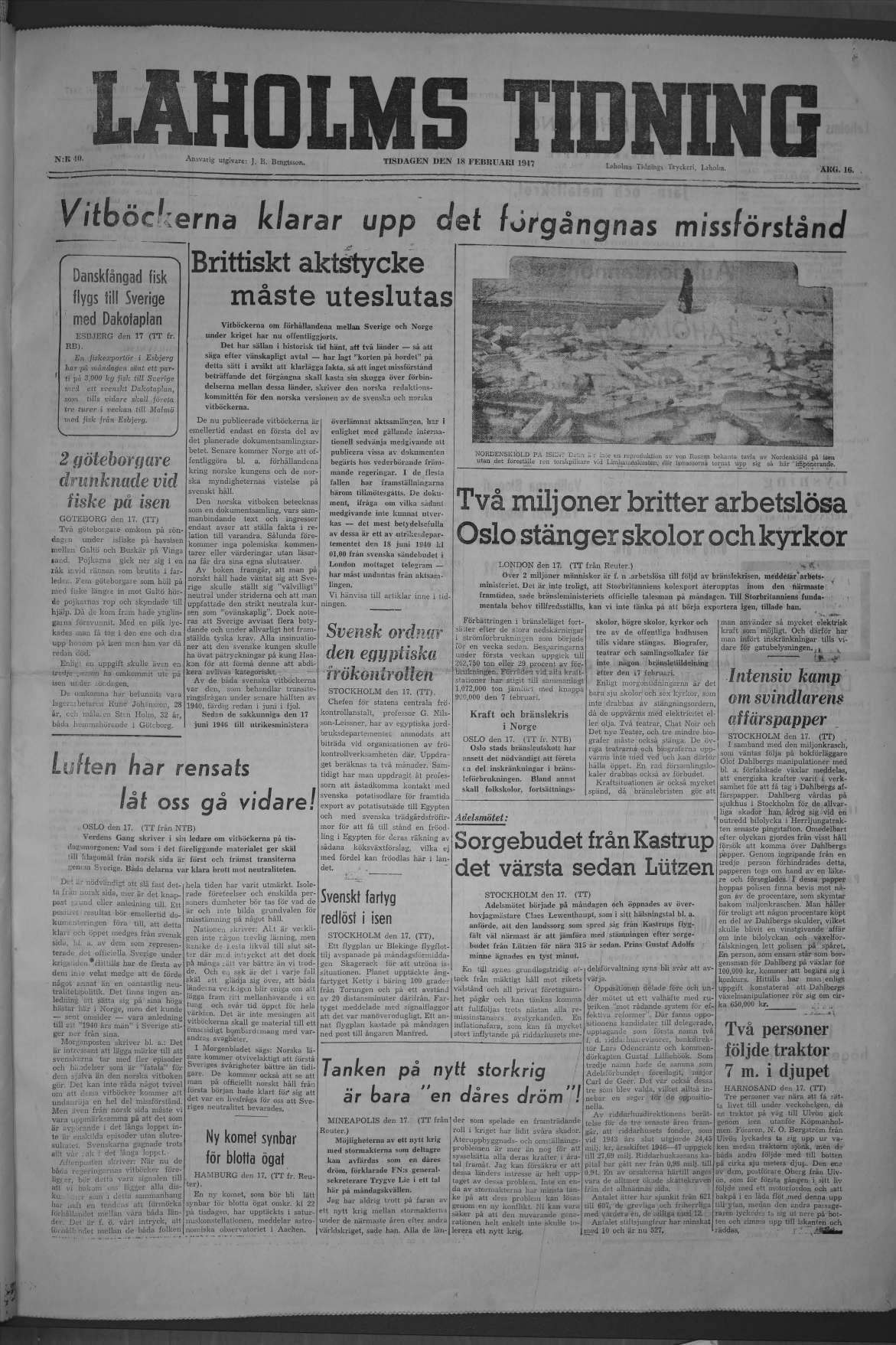Laholms Tidning Tisdag 18 februari 1947, sida 1
