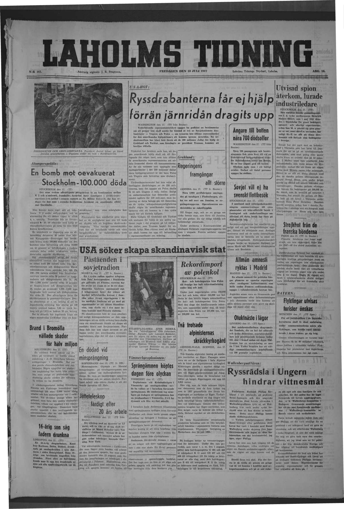 Laholms Tidning Fredag 18 juli 1947, sida 1