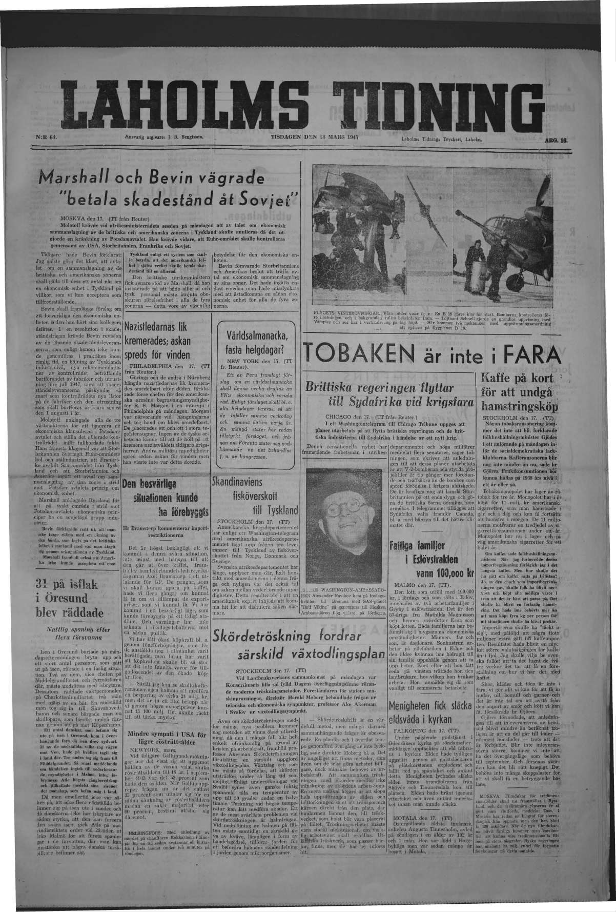 Laholms Tidning Tisdag 18 mars 1947, sida 1