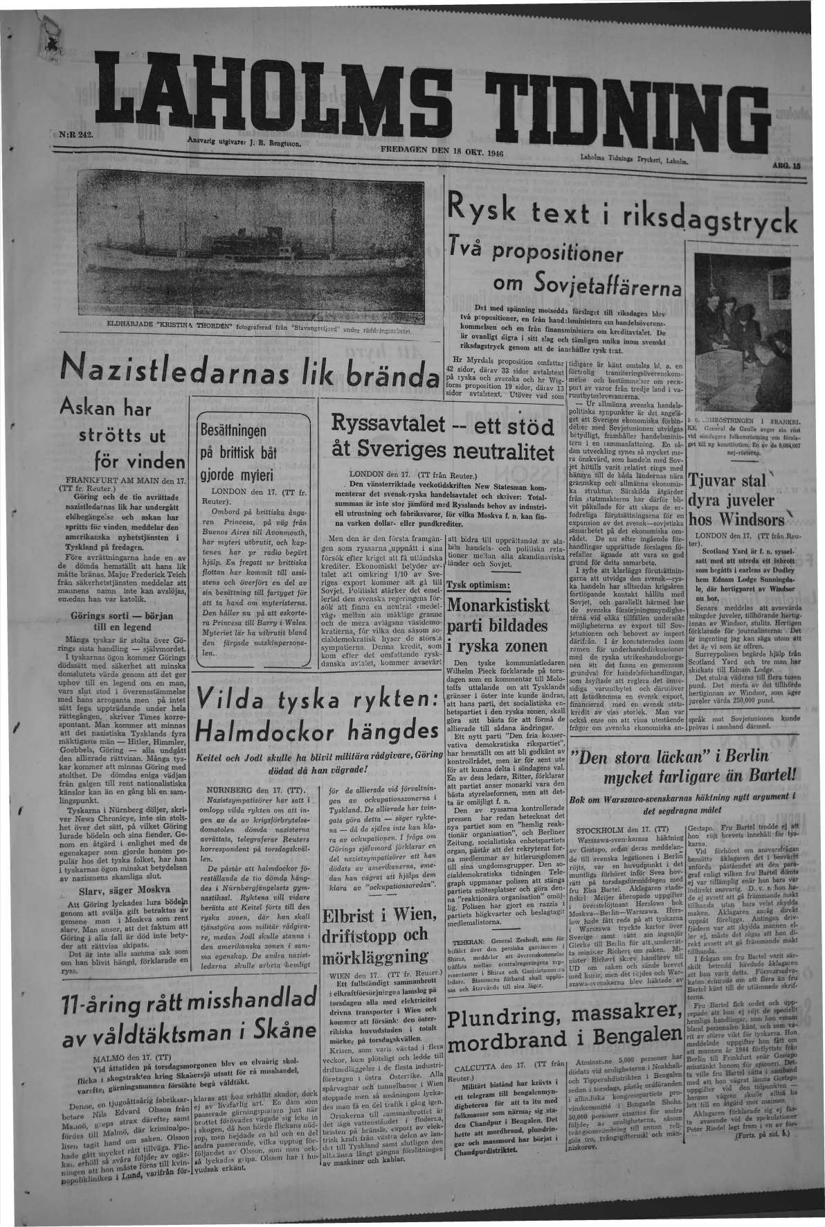 Laholms Tidning Fredag 18 oktober 1946, sida 1