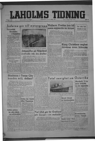 Förstasidan, Lördag 19 april 1947