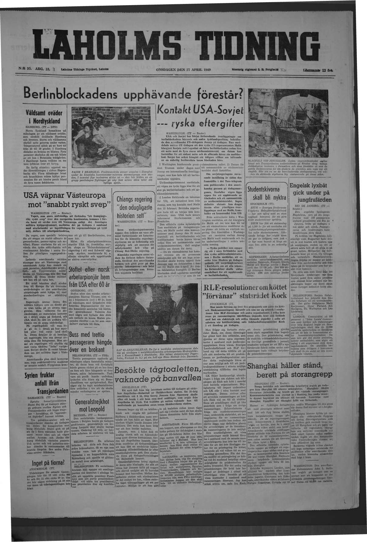 Laholms Tidning Onsdag 27 april 1949, sida 1
