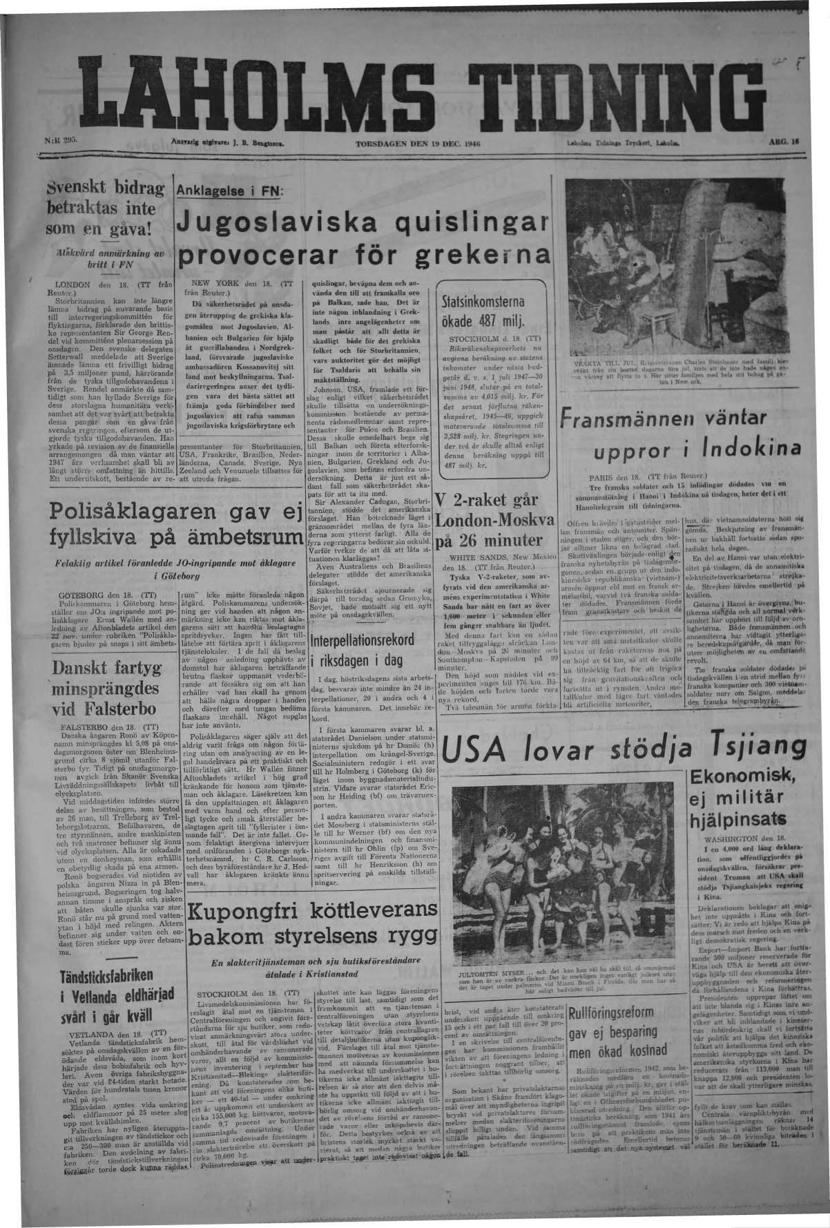 Laholms Tidning Torsdag 19 december 1946, sida 1