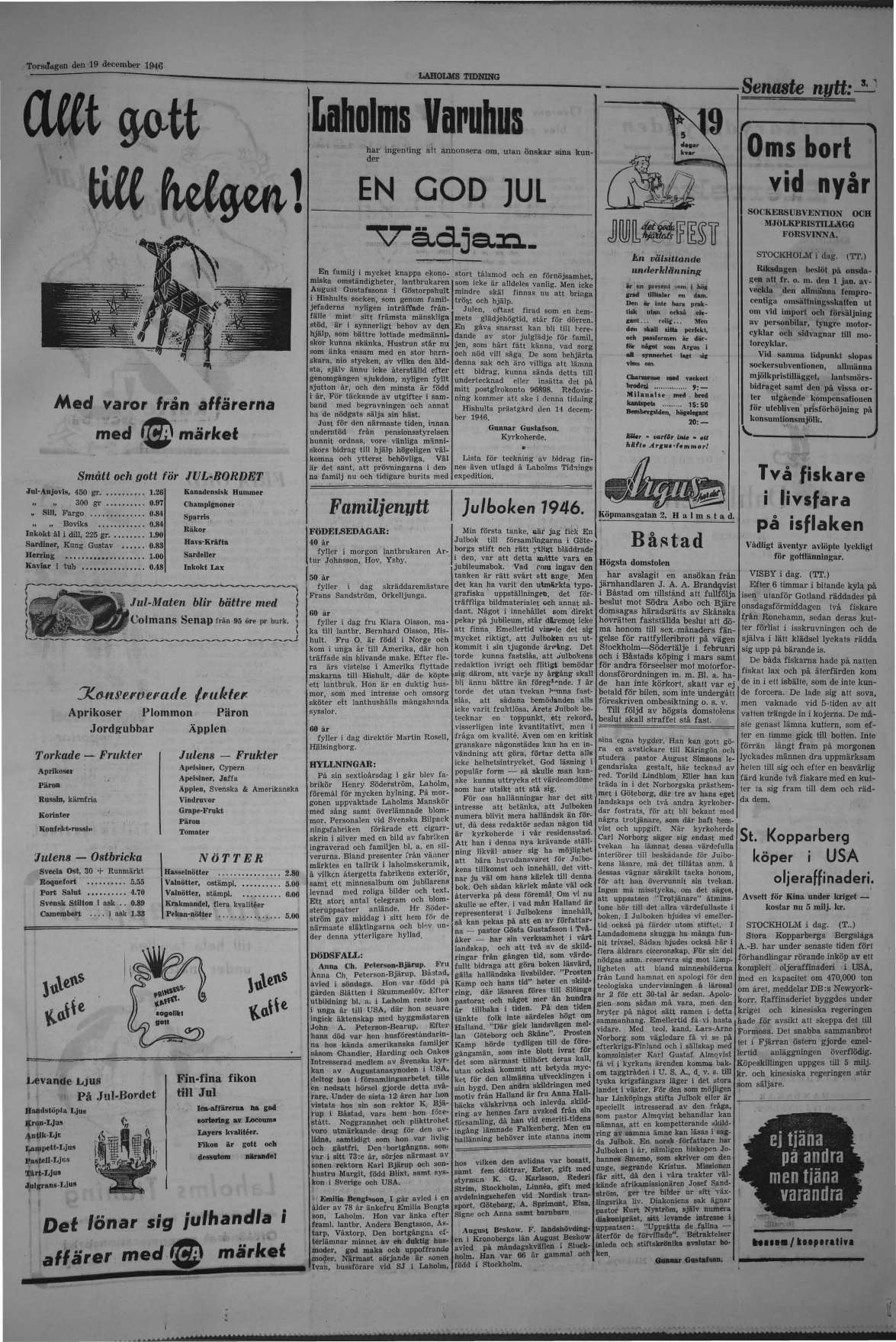 Laholms Tidning Torsdag 19 december 1946, sida 3