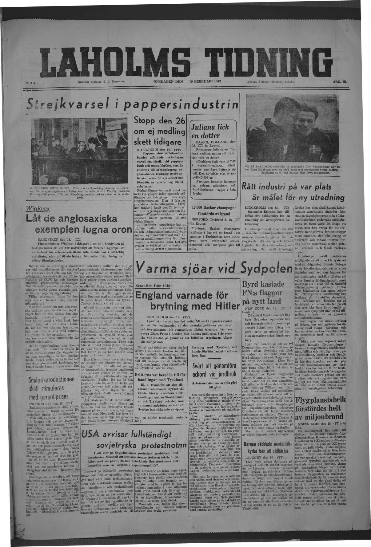 Laholms Tidning Onsdag 19 februari 1947, sida 1