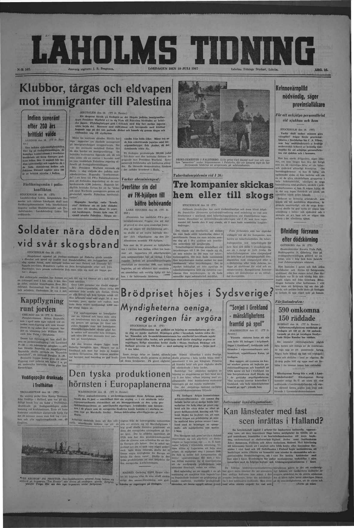 Laholms Tidning Lördag 19 juli 1947, sida 1