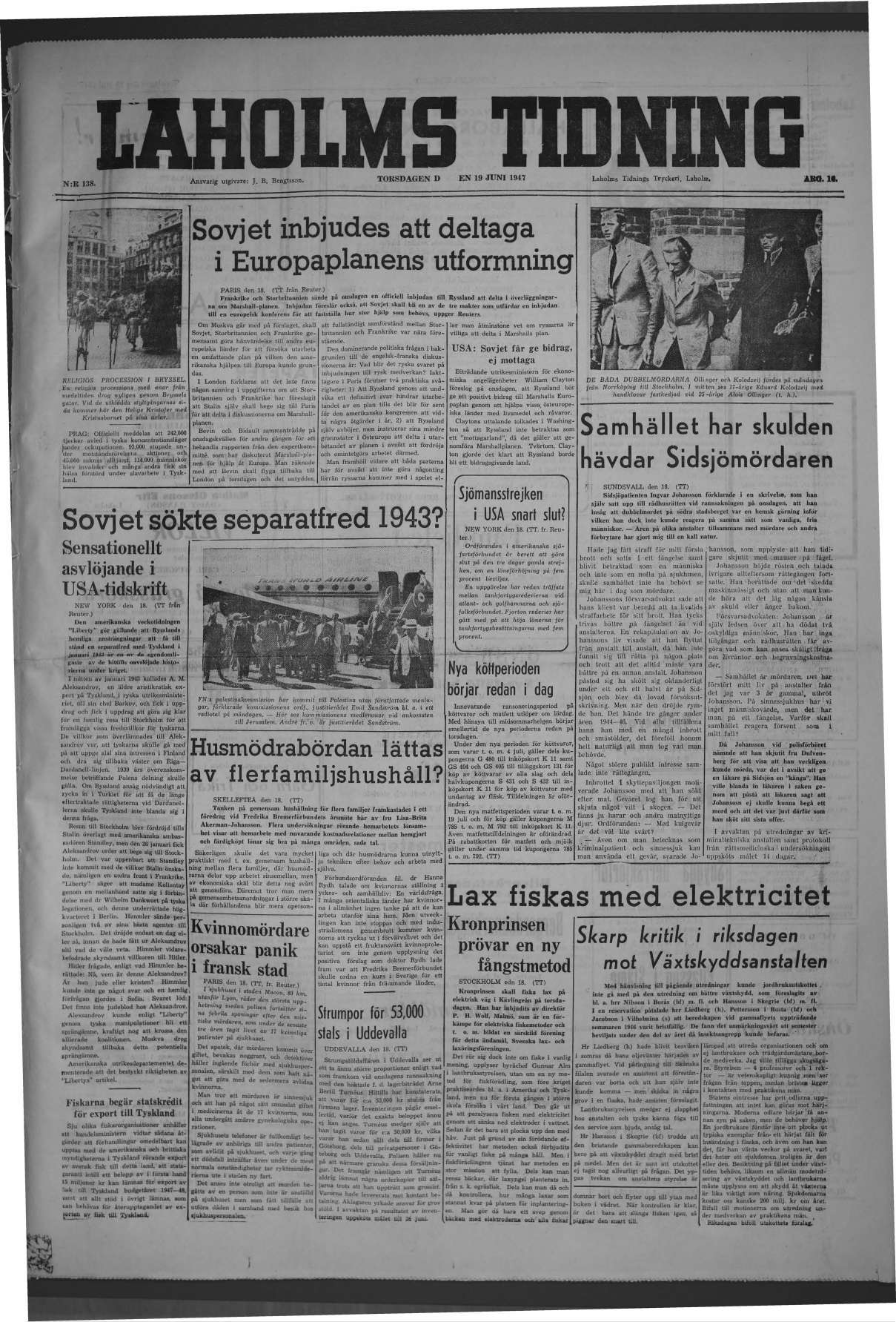Laholms Tidning Torsdag 19 juni 1947, sida 1