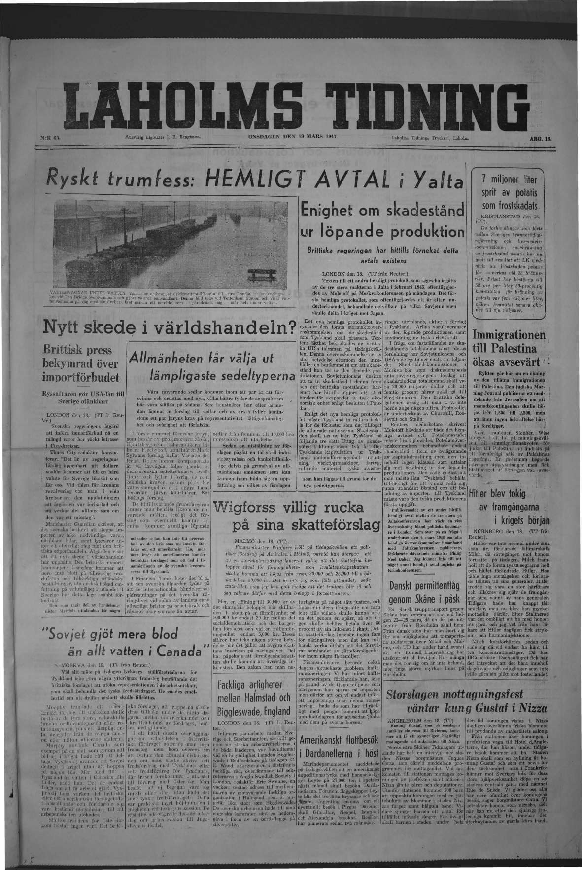 Laholms Tidning Onsdag 19 mars 1947, sida 1