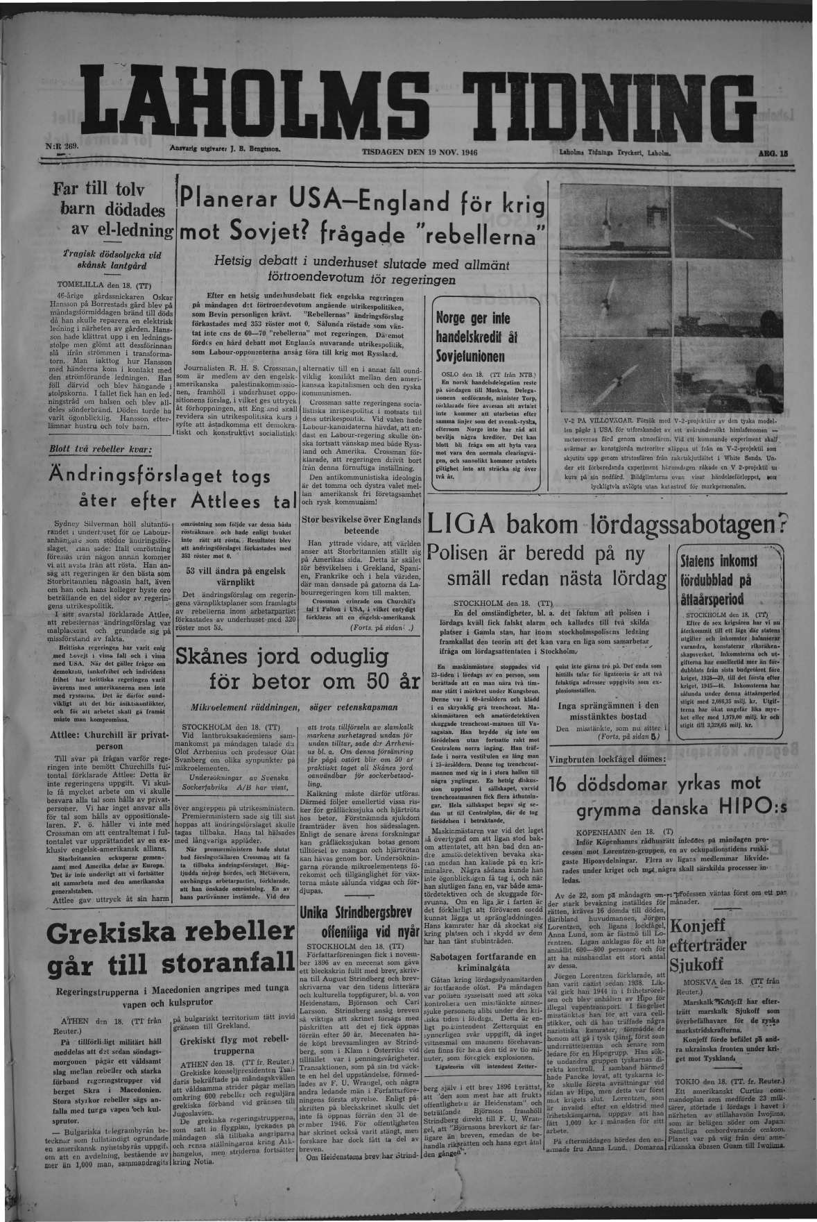 Laholms Tidning Tisdag 19 november 1946, sida 1