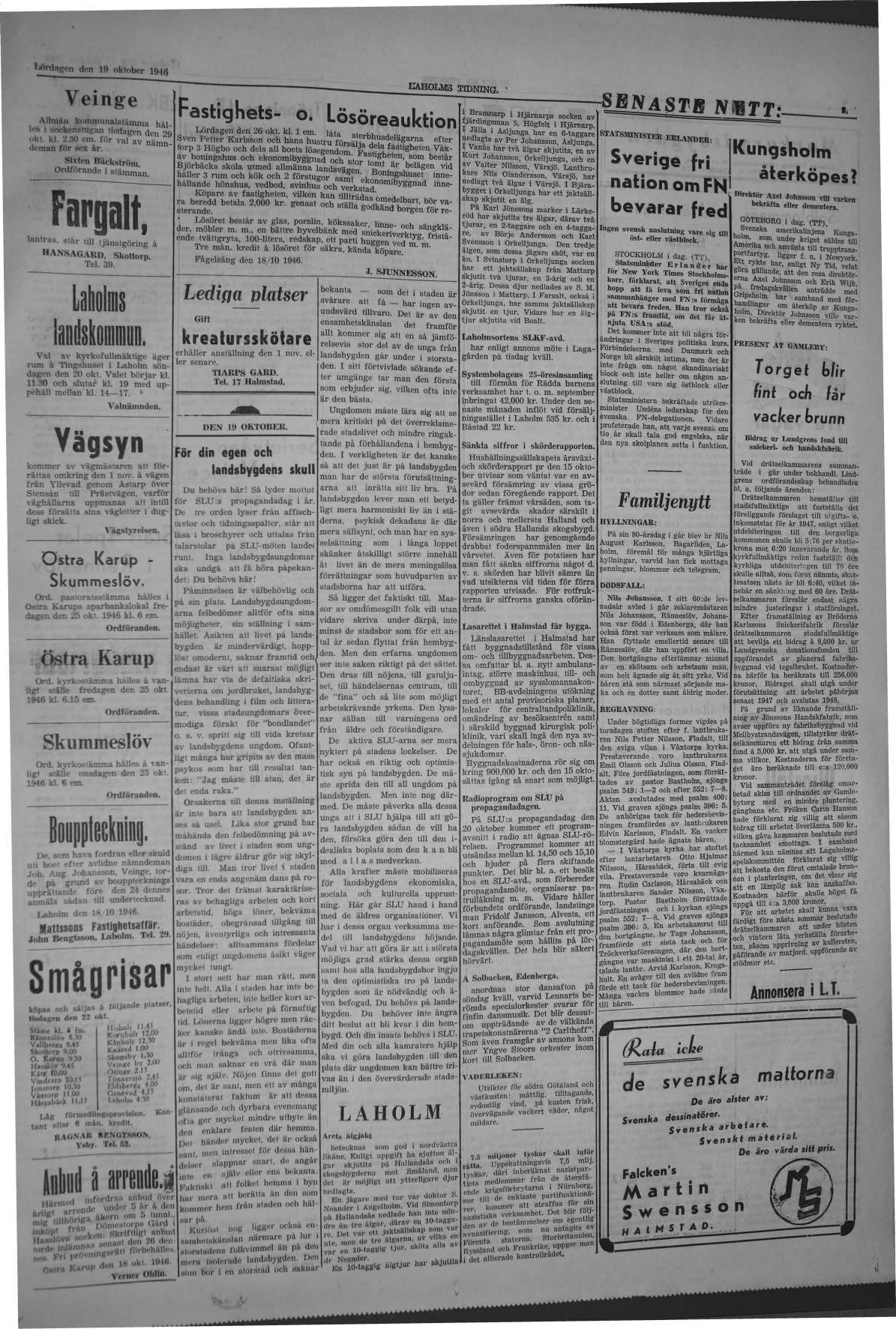 Laholms Tidning Lördag 19 oktober 1946, sida 3