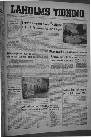 Förstasidan, Torsdag 19 september 1946