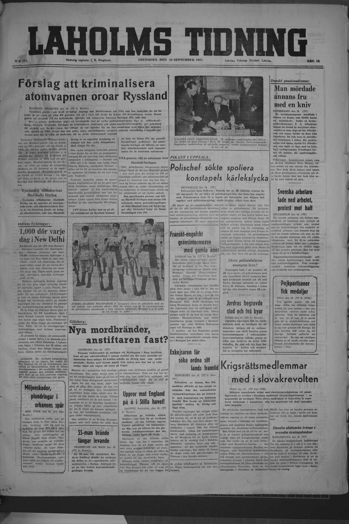 Laholms Tidning Fredag 19 september 1947, sida 1