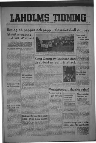 Förstasidan, Onsdag 2 april 1947