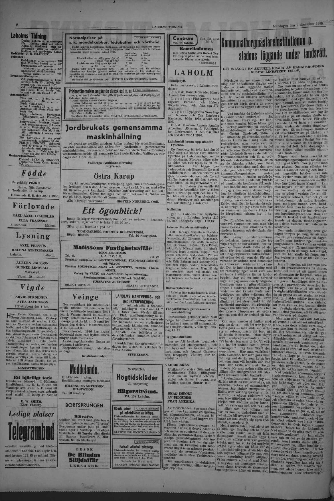 Laholms Tidning Måndag 2 december 1946, sida 2