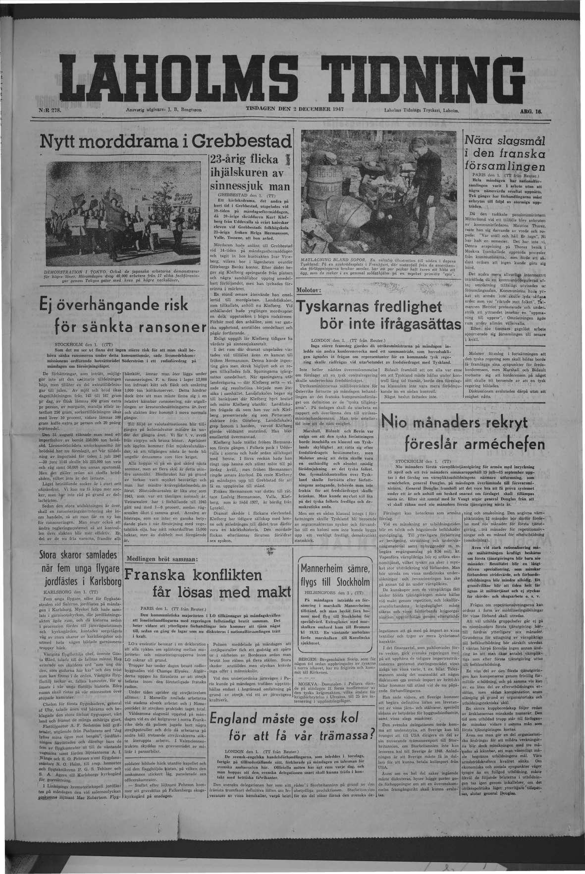 Laholms Tidning Tisdag 2 december 1947, sida 1