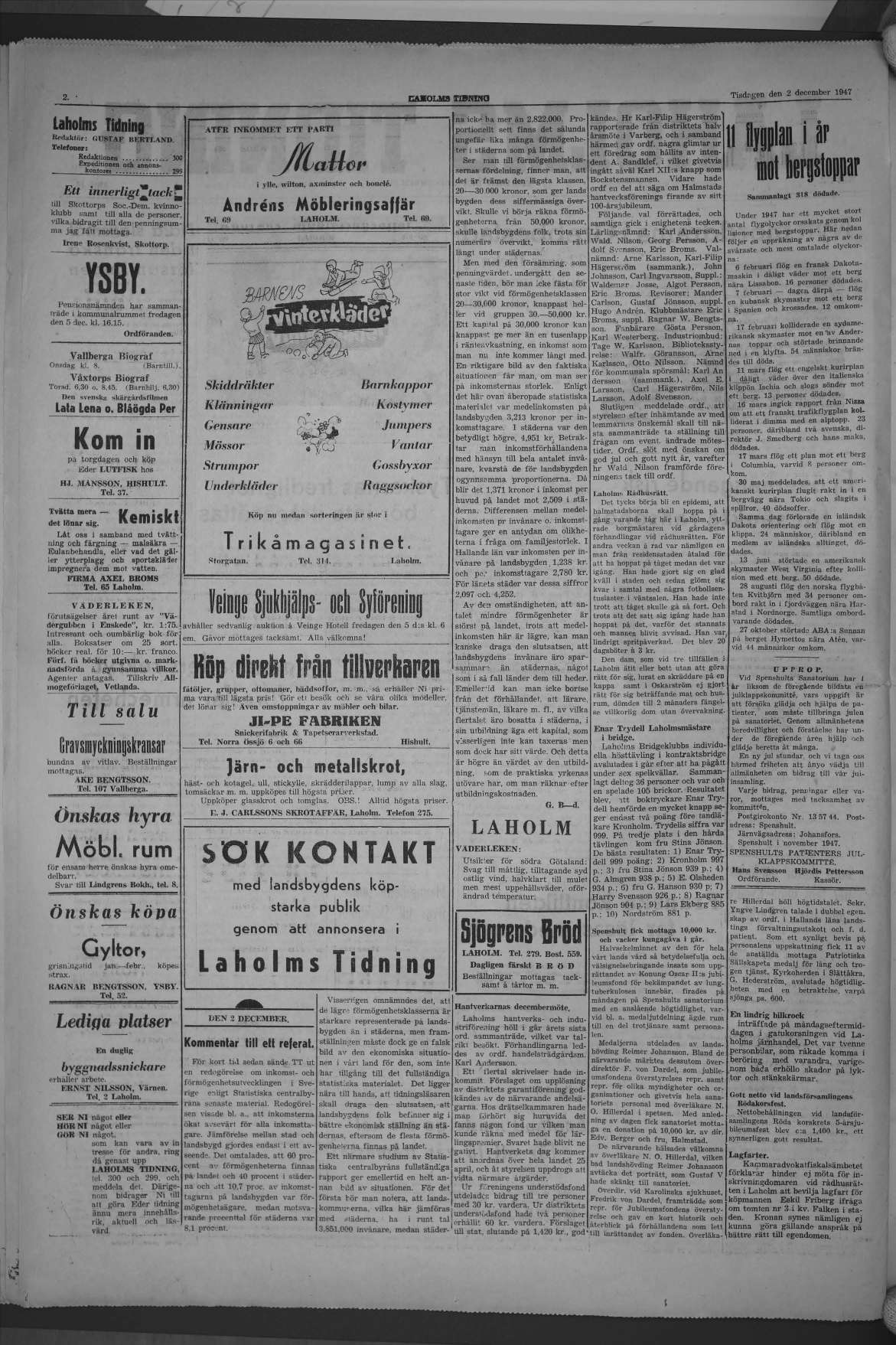 Laholms Tidning Tisdag 2 december 1947, sida 2