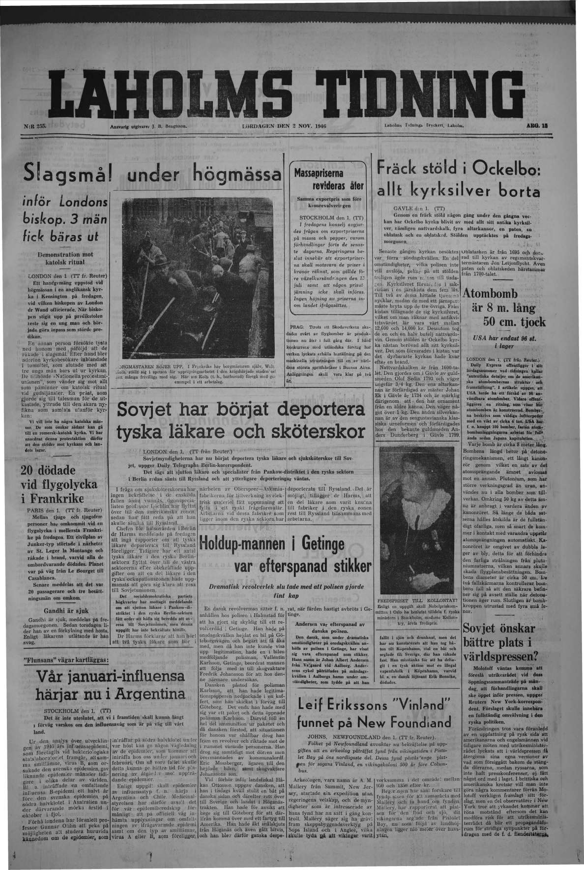 Laholms Tidning Lördag 2 november 1946, sida 1