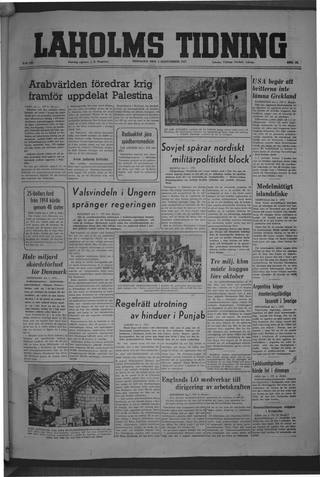 Förstasidan, Tisdag 2 september 1947
