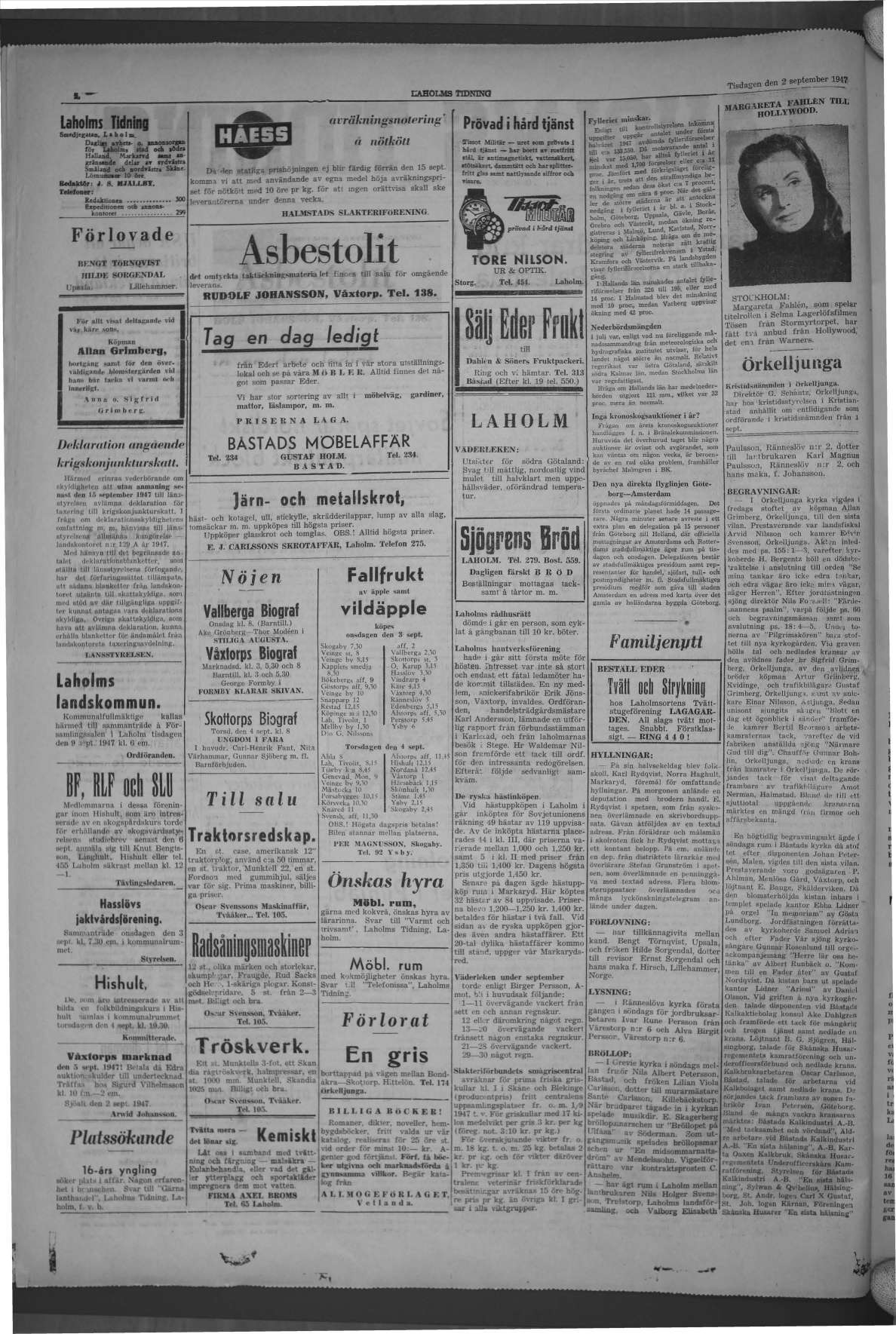 Laholms Tidning Tisdag 2 september 1947, sida 2