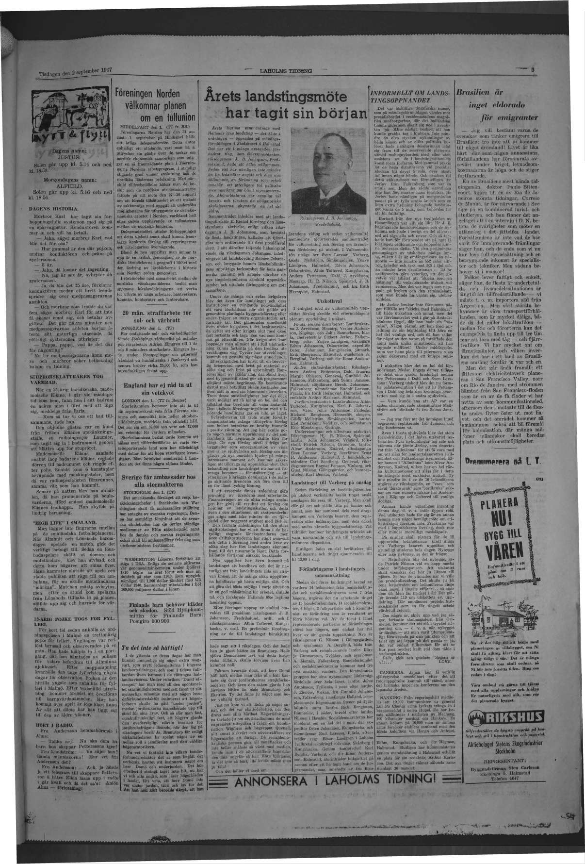 Laholms Tidning Tisdag 2 september 1947, sida 3